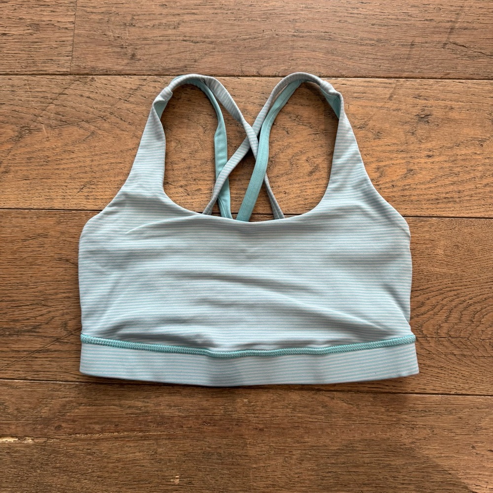 Lululemon Energy Striped Sports Bra Light Blue White Criss Cross Back Size 4